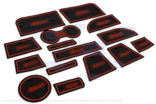 Комплект силиконовых черно-красных ковриков панели приборов и консоли для Лада Икс Рей_1