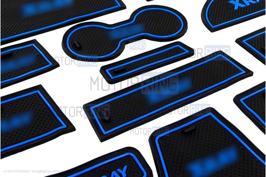 Комплект силиконовых черно-синих ковриков панели приборов и консоли для Лада Икс Рей