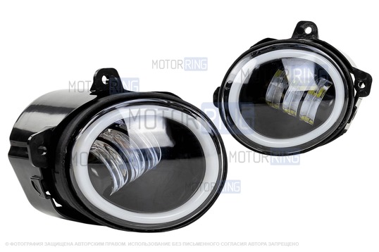 Диодные ПТФ серии Эконом (46W, 2600lux) с кольцом ДХО для Лада Калина, Калина 2, Гранта, Ларгус, Датсун до 2019 г.в., УАЗ Патриот