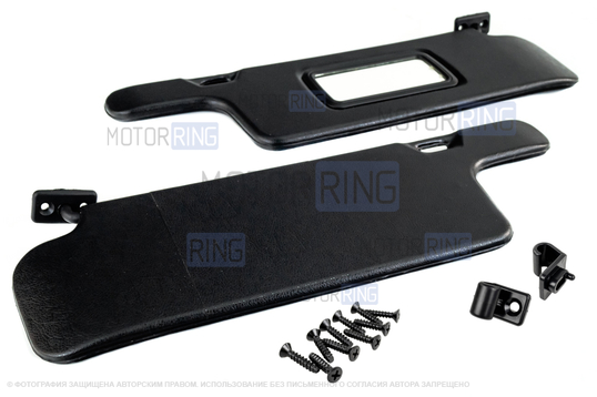 Черные солнцезащитные козырьки с зеркалом, крючками и комплектом саморезов для ВАЗ 2108-21099, 2113-2115_1