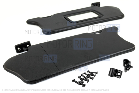 Черные солнцезащитные козырьки с зеркалом, крючками и комплектом саморезов для ВАЗ 2110-2112_1