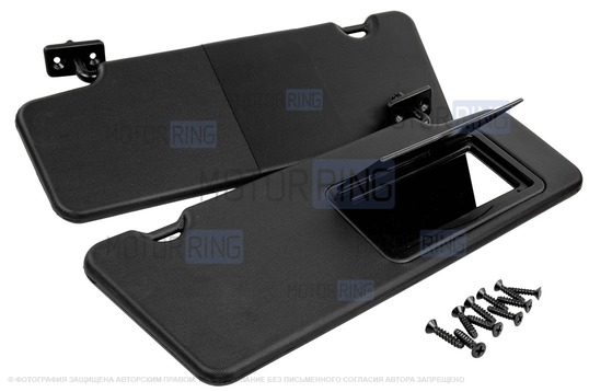 Черные противосолнечные козырьки с открывающимся зеркалом и комплектом саморезов для Лада Приора_1