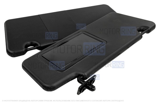 Черные противосолнечные козырьки с открывающимся зеркалом и комплектом саморезов для Лада Приора