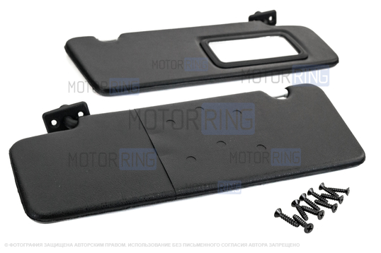 Черные противосолнечные козырьки с зеркалом и комплектом саморезов для Лада Приора_1