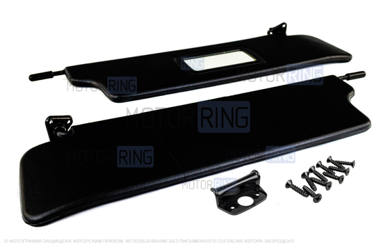 Черные солнцезащитные козырьки с зеркалом, центральным кронштейном и комплектом саморезов для Лада 4х4 (Нива) 1993-2019 г.в._1