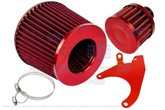 Комплект красных воздушных фильтров нулевого сопротивления (воздушный и картерных газов) MR с красным кронштейном Sal-Man для 8 кл ВАЗ 2108-21099, 2110-2112, 2113-2115, Лада Гранта, Гранта FL, Калина, Калина 2, Приора_1