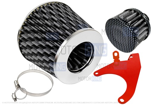 Комплект воздушных фильтров нулевого сопротивления (воздушный и картерных газов) MR под карбон с красным кронштейном Sal-Man для 8 кл ВАЗ 2108-21099, 2110-2112, 2113-2115, Лада Гранта, Гранта FL, Калина, Калина 2, Приора_1