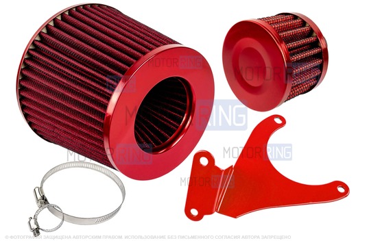 Комплект красных воздушных фильтров нулевого сопротивления (воздушный и картерных газов) MR с красным кронштейном Sal-Man для 16 кл ВАЗ 2110-2112, 2113, 2114 (Супер-Авто), Лада Гранта, Гранта FL, Калина, Калина 2, Приора_1