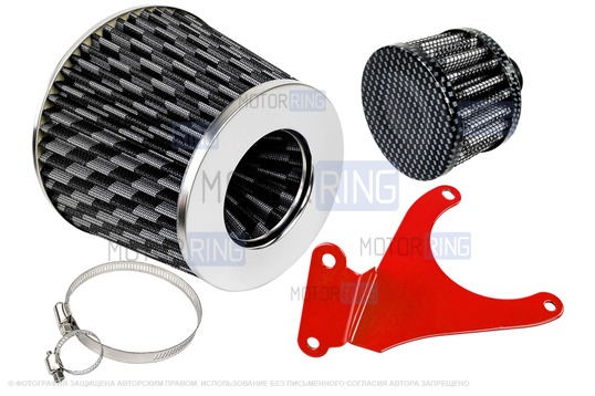 Комплект воздушных фильтров нулевого сопротивления (воздушный и картерных газов) MR под карбон с красным кронштейном Sal-Man для 16 кл ВАЗ 2110-2112, 2113, 2114 (Супер-Авто), Лада Гранта, Гранта FL, Калина, Калина 2, Приора_1