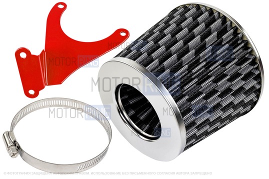 Воздушный фильтр нулевого сопротивления MR под карбон с красным кронштейном Sal-Man для 16 кл ВАЗ 2110-2112, 2113, 2114 (Супер-Авто), Лада Гранта, Гранта FL, Калина, Калина 2, Приора_1