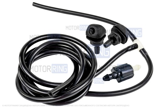 Трубки омывателя лобового стекла черные с тройником, веерными форсунками БУРАН-2 на гайке (пластиковый распылитель) и обратным клапаном Мини для Лада Калина_1