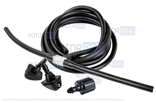 Трубки омывателя лобового стекла черные с тройником, веерными форсунками БУРАН-3 на защелке (металлический распылитель) и обратным клапаном Мини для ВАЗ 2110-2112_1