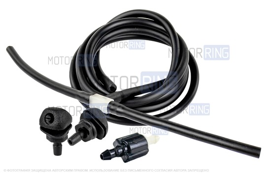 Трубки омывателя лобового стекла черные с тройником, веерными форсунками БУРАН-2 на гайке (пластиковый распылитель) и обратным клапаном Мини для ВАЗ 2110-2112_1