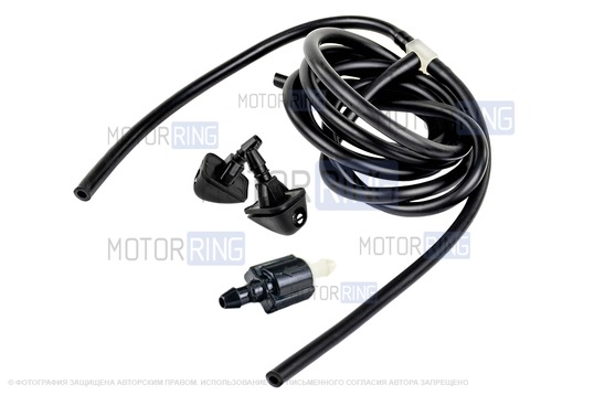 Трубки омывателя лобового стекла черные с тройником, веерными форсунками БУРАН-3 на защелке (металлический распылитель) и обратным клапаном Мини для Лада Приора_1