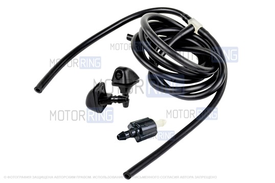 Трубки омывателя лобового стекла черные с тройником, веерными форсунками БУРАН на защелке (пластиковый распылитель) и обратным клапаном Мини для Лада Приора_1