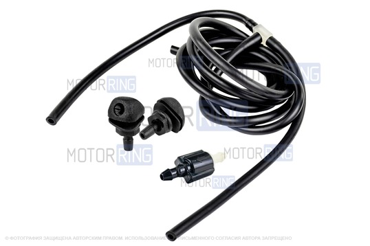 Трубки омывателя лобового стекла черные с тройником, веерными форсунками БУРАН-2 на гайке (пластиковый распылитель) и обратным клапаном Мини для Лада Приора_1