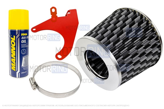 Воздушный фильтр нулевого сопротивления MR под карбон с красным кронштейном Sal-Man и пропиткой MANNOL для 8 кл ВАЗ 2108-21099, 2110-2112, 2113-2115, Лада Гранта, Гранта FL, Калина, Калина 2, Приора_1
