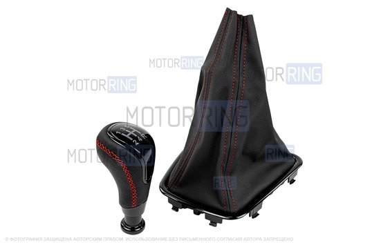 Ручка с пыльником Sal-Man в стиле Весты черный лак с красной строчкой на рычаг КПП с тросовым приводом для Лада Калина 2, Гранта, Гранта FL, Датсун