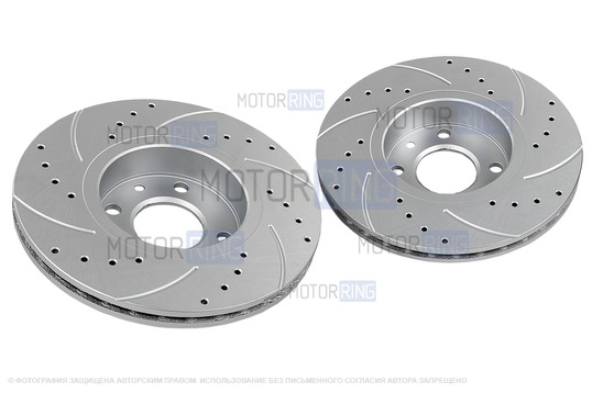 Вентилируемые передние тормозные диски МАВИКО PRO R15 с насечками и перфорацией для Лада Веста, Икс Рей, Ларгус, Renault Logan, Sandero, Megane, Clio, Nissan Micra, Note, Tiida