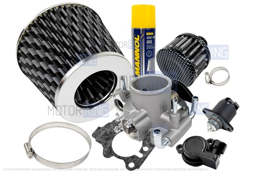 Комплект системы впуска MR нулевого сопротивления под Карбон (воздушный фильтр, фильтр картерных газов, масляная пропитка, дроссельная заслонка 46мм, прокладка, датчик положения заслонки, РХХ) для ВАЗ 2101-2107, 2108-21099, 2110-2112, 2113-2115, Лада Приора, Калина, Гранта_1