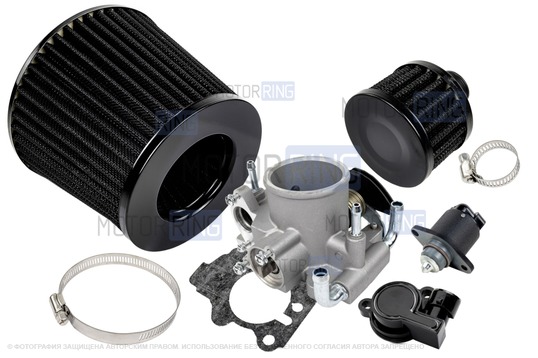 Комплект системы впуска MR нулевого сопротивления Черный (воздушный фильтр, фильтр картерных газов, дроссельная заслонка 52мм, прокладка, датчик положения заслонки, РХХ) для ВАЗ 2101-2107, 2108-21099, 2110-2112, 2113-2115, Лада Приора, Калина, Гранта_1