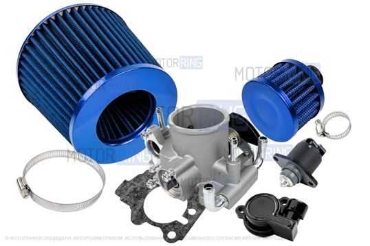 Комплект системы впуска MR нулевого сопротивления Синий (воздушный фильтр, фильтр картерных газов, дроссельная заслонка 46мм, прокладка, датчик положения заслонки, РХХ) для ВАЗ 2101-2107, 2108-21099, 2110-2112, 2113-2115, Лада Приора, Калина, Гранта_1