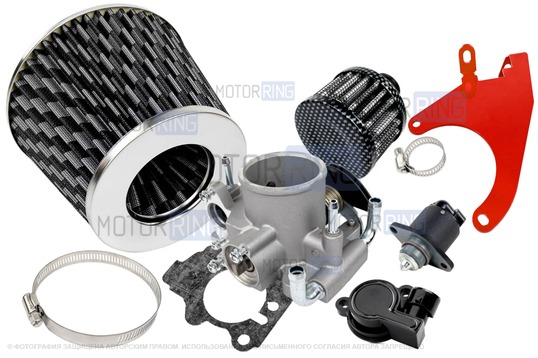 Комплект системы впуска MR нулевого сопротивления под Карбон (воздушный фильтр, фильтр картерных газов, красный кронштейн, дроссельная заслонка 46мм, прокладка, датчик положения заслонки, РХХ) для 8-клапанных ВАЗ 2108-21099, 2110-2112, 2113-2115, Лада Приора, Калина, Гранта_1