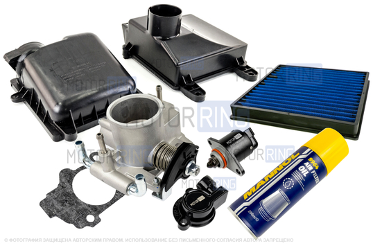 Комплект системы впуска MR (корпус воздушного фильтра, фильтр нулевого сопротивления, масляная пропитка, дроссельная заслонка 46мм, прокладка, датчик положения заслонки, РХХ) для 16-клапанных ВАЗ 2107, 2110-2112, 2113-2115, Лада Приора до 2013 г.в._1