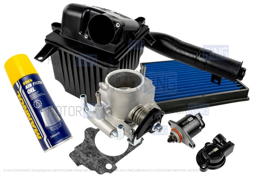 Комплект системы впуска MR (корпус воздушного фильтра из 5 частей, фильтр нулевого сопротивления, масляная пропитка, дроссельная заслонка 56мм, прокладка, датчик положения заслонки, РХХ) для Лада Калина с двигателем 1.6л_1