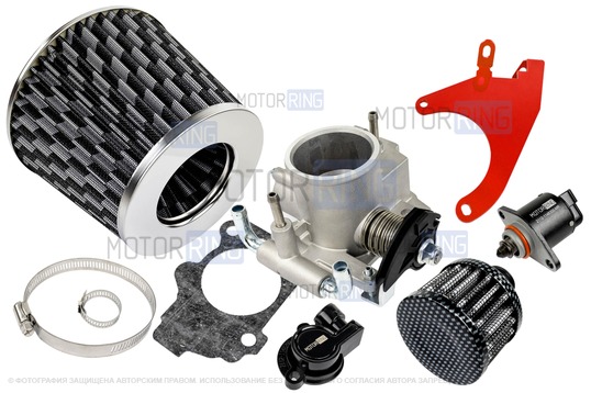 Комплект системы впуска MR нулевого сопротивления под Карбон (воздушный фильтр, фильтр картерных газов, красный кронштейн, дроссельная заслонка 46мм, прокладка, датчик положения заслонки, РХХ) для 8 кл ВАЗ 2108-21099, 2110-2112, 2113-2115, Лада Приора, Калина, Гранта_1
