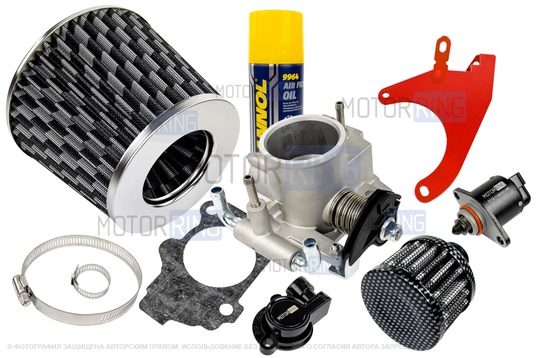 Комплект системы впуска MR нулевого сопротивления под Карбон (воздушный фильтр, фильтр картерных газов, красный кронштейн, масляная пропитка, дроссельная заслонка 54мм, прокладка, датчик положения заслонки, РХХ) для 8 кл ВАЗ 2108-21099, 2110-2112, 2113-2115, Лада Приора, Калина, Гранта_1