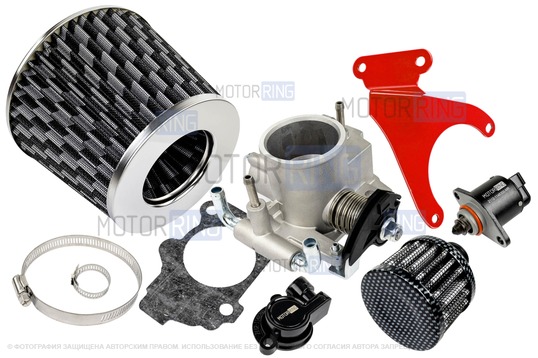 Комплект системы впуска MR нулевого сопротивления под Карбон (воздушный фильтр, фильтр картерных газов, красный кронштейн, дроссельная заслонка 46мм, прокладка, датчик положения заслонки, РХХ) для 16 кл ВАЗ 2110-2112, 2113, 2114, Лада Приора, Калина, Гранта_1