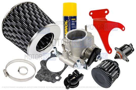 Комплект системы впуска MR нулевого сопротивления под Карбон (воздушный фильтр, фильтр картерных газов, красный кронштейн, масляная пропитка, дроссельная заслонка 54мм, прокладка, датчик положения заслонки, РХХ) для 16 кл ВАЗ 2110-2112, 2113, 2114, Лада Приора, Калина, Гранта_1