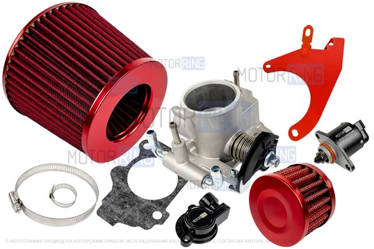 Комплект системы впуска MR нулевого сопротивления Красный (воздушный фильтр, фильтр картерных газов, красный кронштейн, дроссельная заслонка 52мм, прокладка, датчик положения заслонки, РХХ) для 8 кл ВАЗ 2108-21099, 2110-2112, 2113-2115, Лада Приора, Калина, Гранта_1