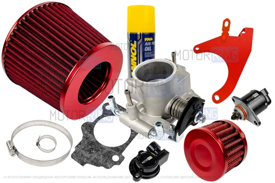 Комплект системы впуска MR нулевого сопротивления Красный (воздушный фильтр, фильтр картерных газов, красный кронштейн, масляная пропитка, дроссельная заслонка 52мм, прокладка, датчик положения заслонки, РХХ) для 8 кл ВАЗ 2108-21099, 2110-2112, 2113-2115, Лада Приора, Калина, Гранта_1