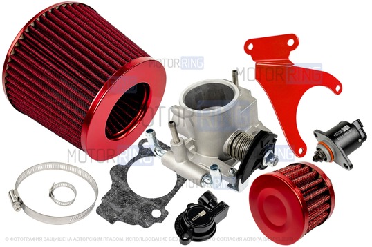 Комплект системы впуска MR нулевого сопротивления Красный (воздушный фильтр, фильтр картерных газов, красный кронштейн, дроссельная заслонка 46мм, прокладка, датчик положения заслонки, РХХ) для 16 кл ВАЗ 2110-2112, 2113, 2114, Лада Приора, Калина, Гранта_1