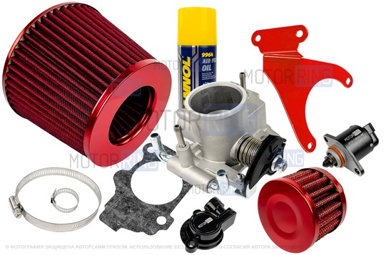 Комплект системы впуска MR нулевого сопротивления Красный (воздушный фильтр, фильтр картерных газов, красный кронштейн, масляная пропитка, дроссельная заслонка 52мм, прокладка, датчик положения заслонки, РХХ) для 16 кл ВАЗ 2110-2112, 2113, 2114, Лада Приора, Калина, Гранта_1