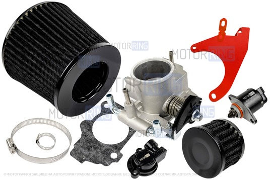 Комплект системы впуска MR нулевого сопротивления Черный (воздушный фильтр, фильтр картерных газов, красный кронштейн, дроссельная заслонка 52мм, прокладка, датчик положения заслонки, РХХ) для 8 кл ВАЗ 2108-21099, 2110-2112, 2113-2115, Лада Приора, Калина, Гранта_1