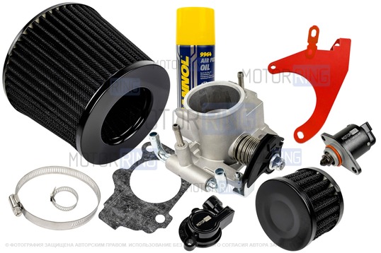 Комплект системы впуска MR нулевого сопротивления Черный (воздушный фильтр, фильтр картерных газов, красный кронштейн, масляная пропитка, дроссельная заслонка 52мм, прокладка, датчик положения заслонки, РХХ) для 8 кл ВАЗ 2108-21099, 2110-2112, 2113-2115, Лада Приора, Калина, Гранта_1