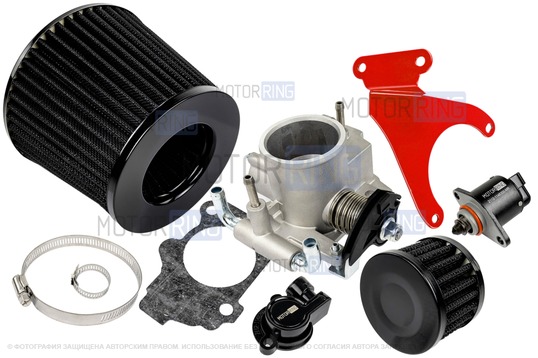Комплект системы впуска MR нулевого сопротивления Черный (воздушный фильтр, фильтр картерных газов, красный кронштейн, дроссельная заслонка 56мм, прокладка, датчик положения заслонки, РХХ) для 16 кл ВАЗ 2110-2112, 2113, 2114, Лада Приора, Калина, Гранта_1