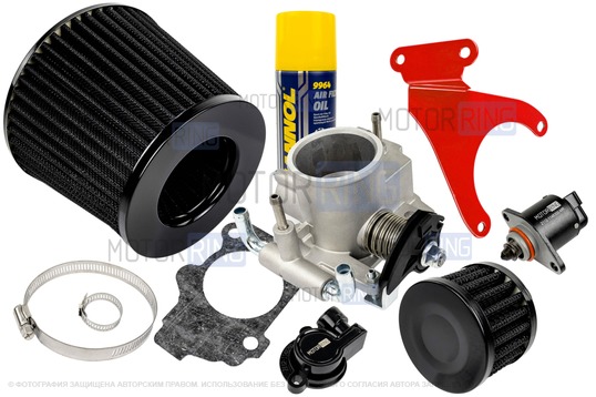 Комплект системы впуска MR нулевого сопротивления Черный (воздушный фильтр, фильтр картерных газов, красный кронштейн, масляная пропитка, дроссельная заслонка 52мм, прокладка, датчик положения заслонки, РХХ) для 16 кл ВАЗ 2110-2112, 2113, 2114, Лада Приора, Калина, Гранта_1