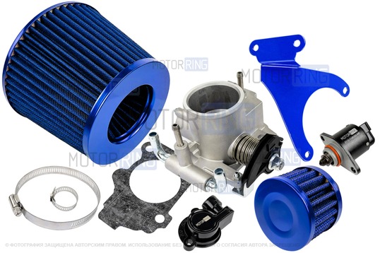 Комплект системы впуска MR нулевого сопротивления Синий (воздушный фильтр, фильтр картерных газов, синий кронштейн, дроссельная заслонка 56мм, прокладка, датчик положения заслонки, РХХ) для 16 кл ВАЗ 2110-2112, 2113, 2114, Лада Приора, Калина, Гранта_1