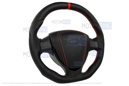 Анатомический руль в стиле Приоры полностью обшитый экокожей с красной строчкой и черной лаковой вставкой для ВАЗ 2110-2112 с европанелью, Лада Приора, Калина, Гранта, Нива Тревел, Шевроле Нива_1