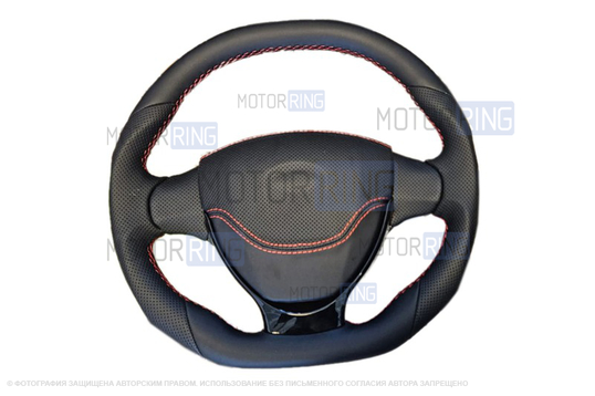 Анатомический руль в стиле Приоры полностью обшитый экокожей с красной строчкой и черной лаковой вставкой для ВАЗ 2110-2112 с европанелью, Лада Приора, Калина, Гранта, Нива Тревел, Шевроле Нива