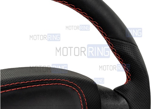 Анатомический руль в стиле Приоры полностью обшитый экокожей с красной строчкой и черной лаковой вставкой для ВАЗ 2110-2112 с европанелью, Лада Приора, Калина, Гранта, Нива Тревел, Шевроле Нива