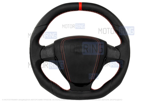 Анатомический руль в стиле Приоры полностью обшитый экокожей с красной строчкой и черной лаковой вставкой для ВАЗ 2110-2112 с европанелью, Лада Приора, Калина, Гранта, Нива Тревел, Шевроле Нива