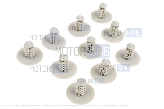 Комплект из десяти серых пистонов (ёжик) обивки капота для Лада Веста, Икс Рей, Ларгус, Ларгус FL, Калина 2, Гранта, Гранта FL