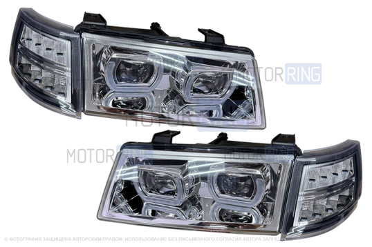 Фары в стиле БМВ с диодными модулями, встроенными ДХО и Хром маской для ВАЗ 2110-2112_1