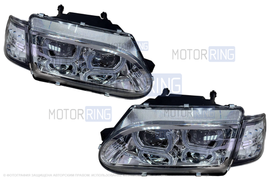 Фары в стиле БМВ с диодными модулями, встроенными ДХО и Хром маской для ВАЗ 2113-2115_1