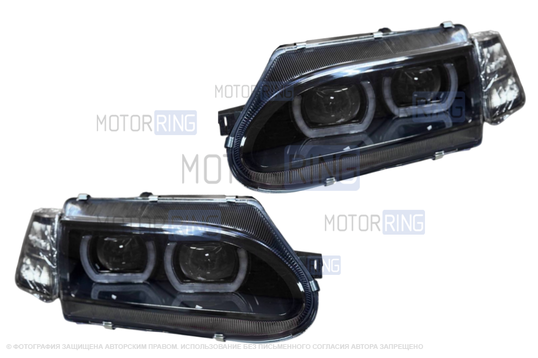Фары в стиле БМВ с диодными модулями, встроенными ДХО и черной маской для ВАЗ 2113-2115_1